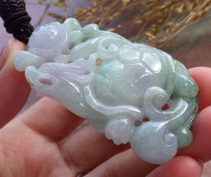 Certified Hand Carved Green Natural Myanmar Burma A Jade Jadeite Dragon Turtle Ruyi Pendant Necklace