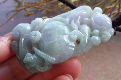 Certified Hand Carved Green Natural Myanmar Burma A Jade Jadeite Dragon Turtle Ruyi Pendant Necklace