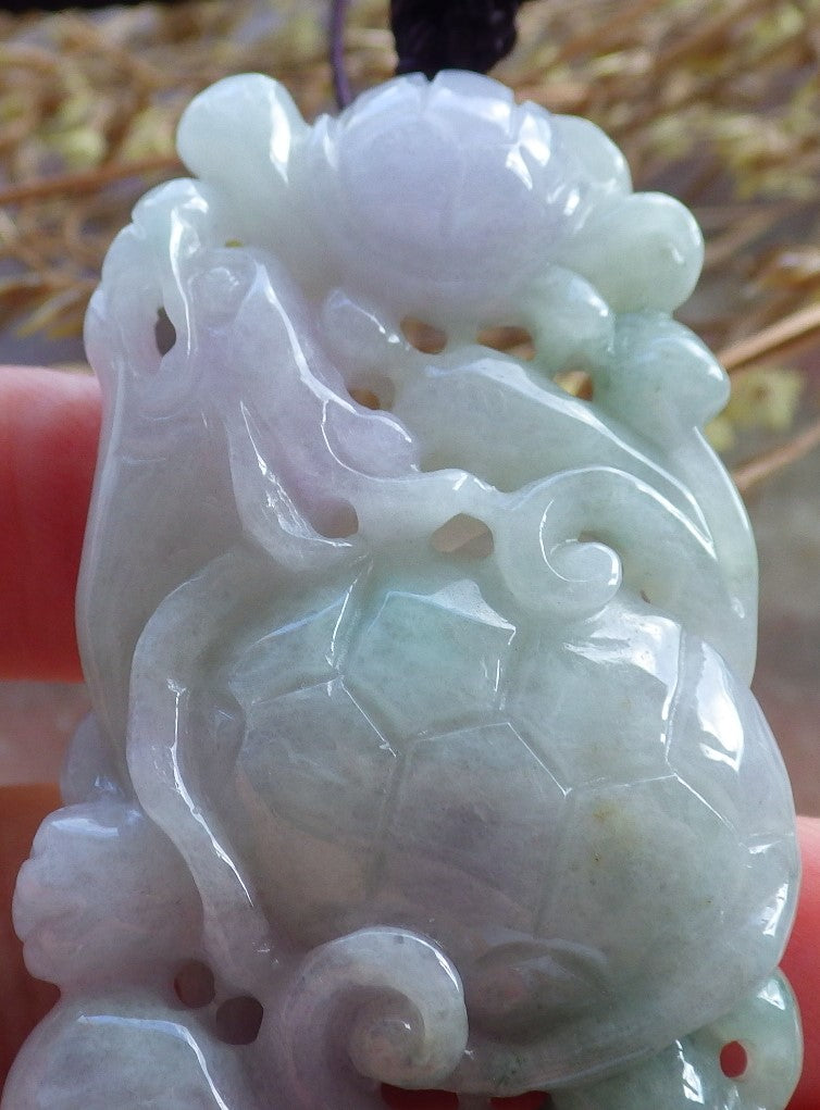 Certified Hand Carved Green Natural Myanmar Burma A Jade Jadeite Dragon Turtle Ruyi Pendant Necklace