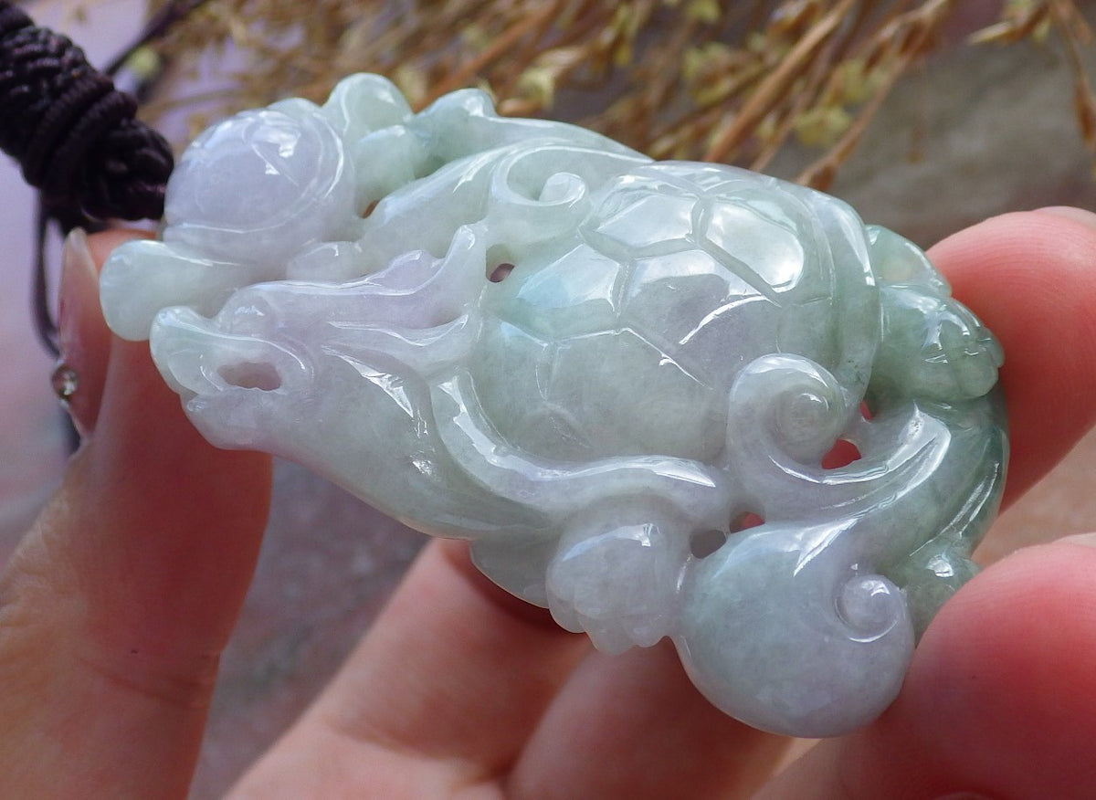 Certified Hand Carved Green Natural Myanmar Burma A Jade Jadeite Dragon Turtle Ruyi Pendant Necklace