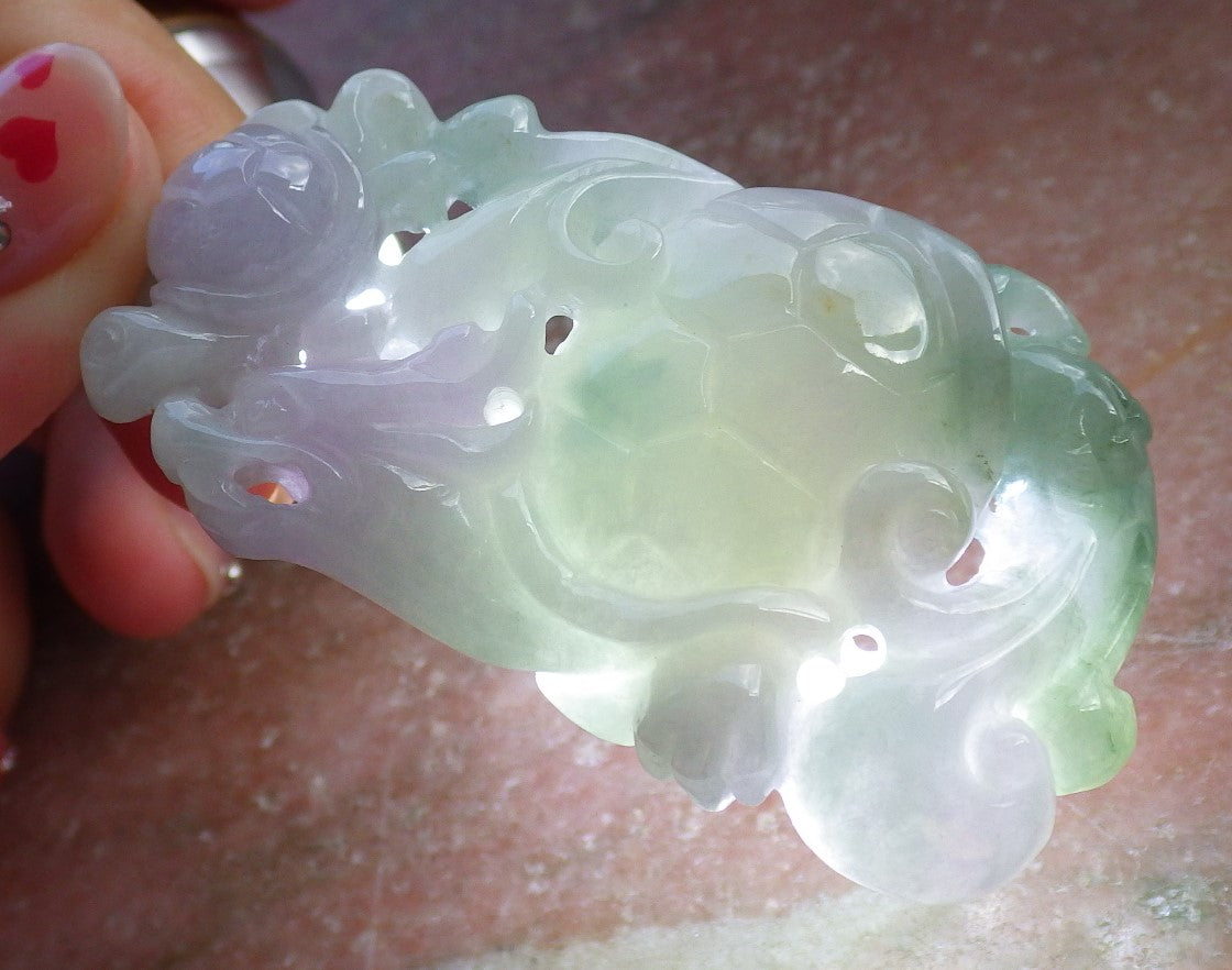 Certified Hand Carved Green Natural Myanmar Burma A Jade Jadeite Dragon Turtle Ruyi Pendant Necklace