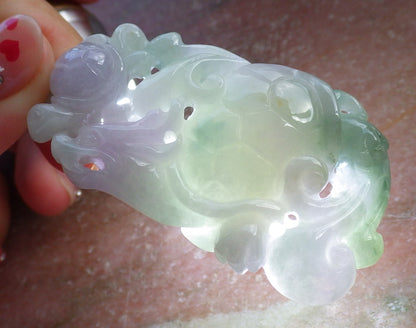 Certified Hand Carved Green Natural Myanmar Burma A Jade Jadeite Dragon Turtle Ruyi Pendant Necklace