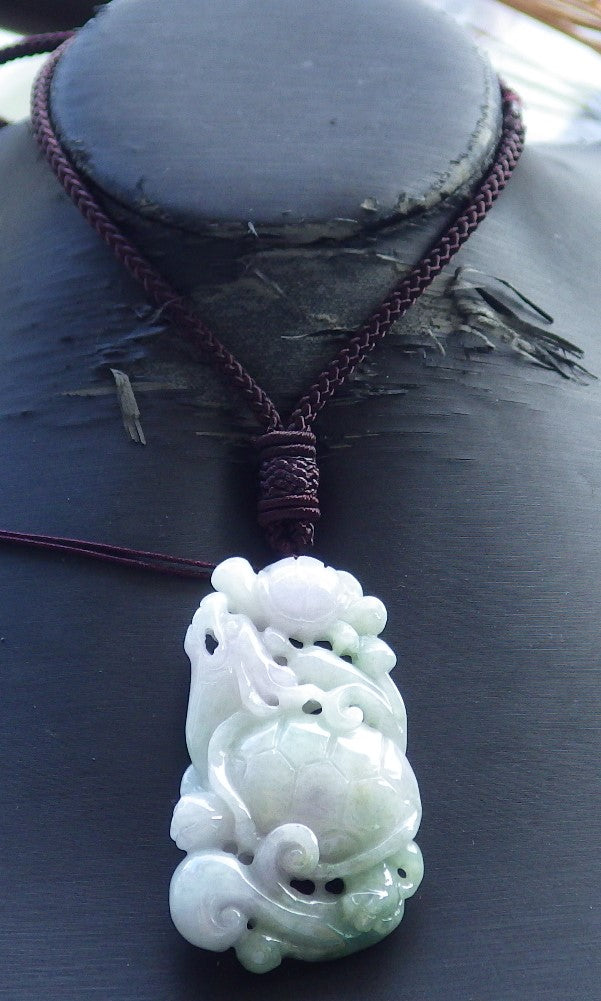 Certified Hand Carved Green Natural Myanmar Burma A Jade Jadeite Dragon Turtle Ruyi Pendant Necklace