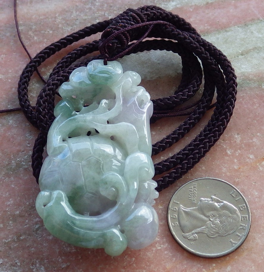 Certified Hand Carved Green Natural Myanmar Burma A Jade Jadeite Dragon Turtle Ruyi Pendant Necklace