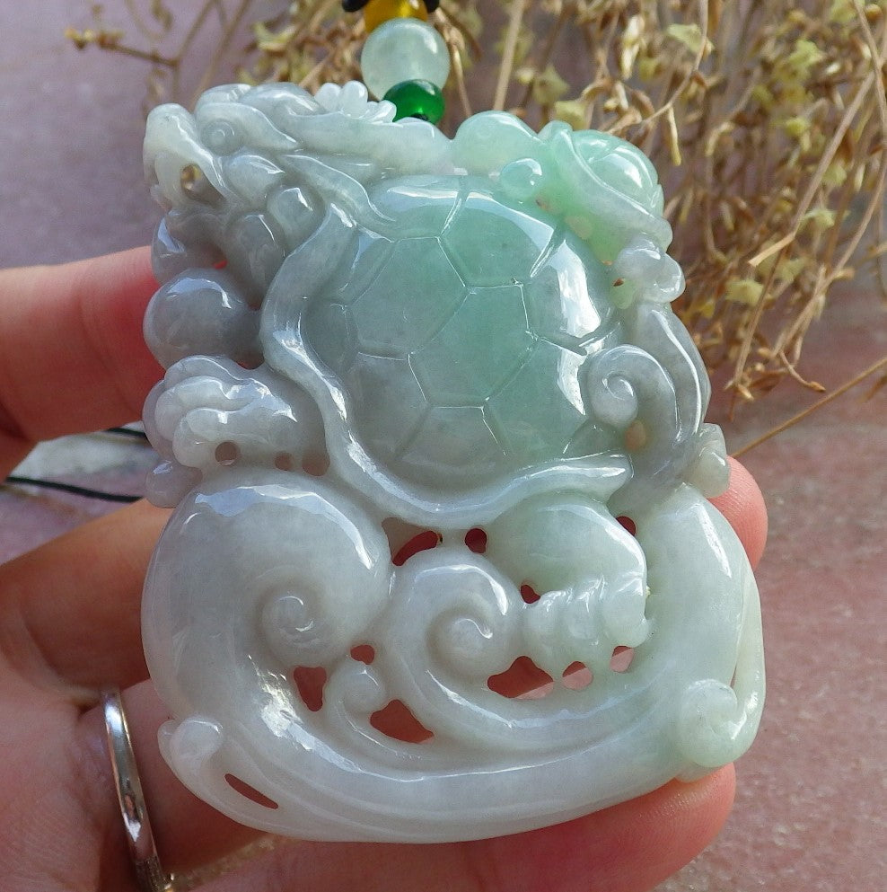 Certified Hand Carved Natural Myanmar Burma Grade A Jade jadeite Dragon Turtle Lucky Amulet Pendant Necklace