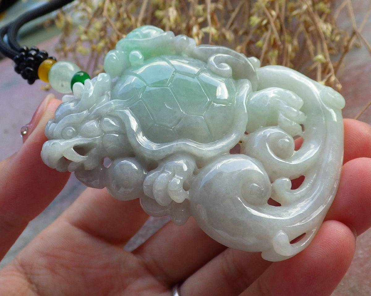 Certified Hand Carved Natural Myanmar Burma Grade A Jade jadeite Dragon Turtle Lucky Amulet Pendant Necklace