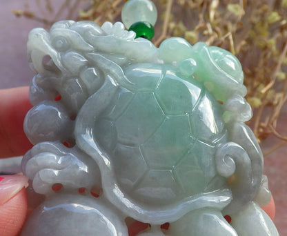 Certified Hand Carved Natural Myanmar Burma Grade A Jade jadeite Dragon Turtle Lucky Amulet Pendant Necklace