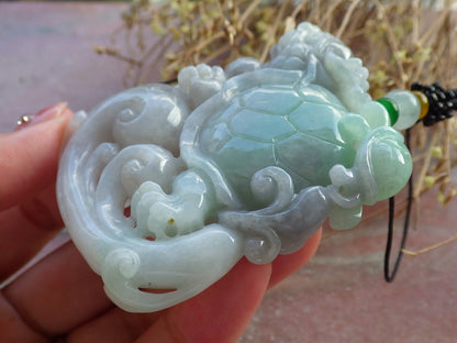 Certified Hand Carved Natural Myanmar Burma Grade A Jade jadeite Dragon Turtle Lucky Amulet Pendant Necklace