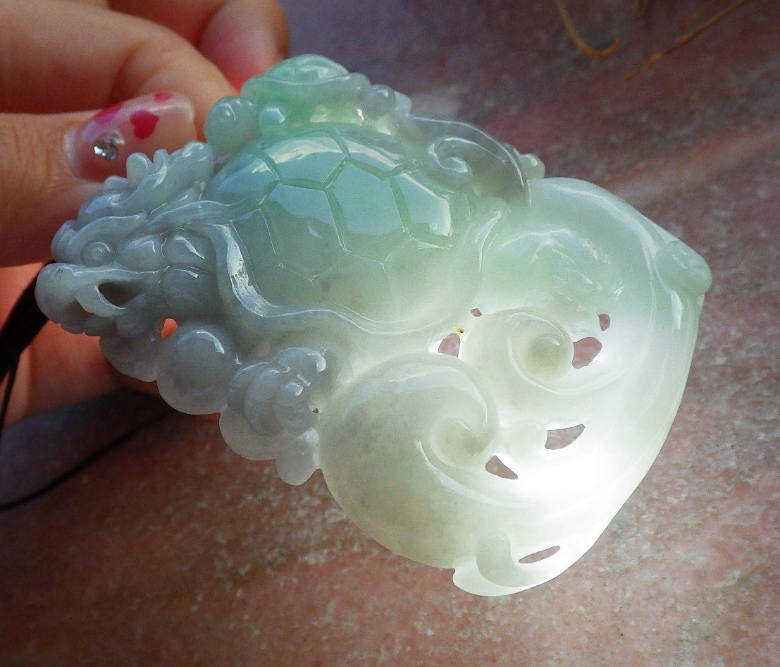 Certified Hand Carved Natural Myanmar Burma Grade A Jade jadeite Dragon Turtle Lucky Amulet Pendant Necklace