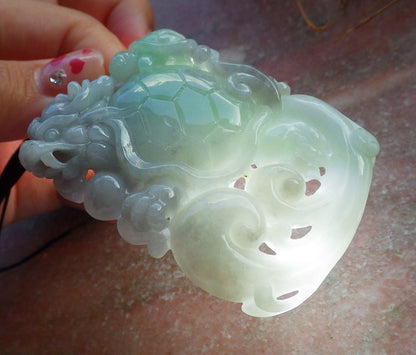 Certified Hand Carved Natural Myanmar Burma Grade A Jade jadeite Dragon Turtle Lucky Amulet Pendant Necklace