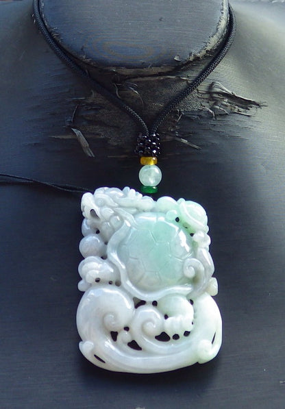 Certified Hand Carved Natural Myanmar Burma Grade A Jade jadeite Dragon Turtle Lucky Amulet Pendant Necklace