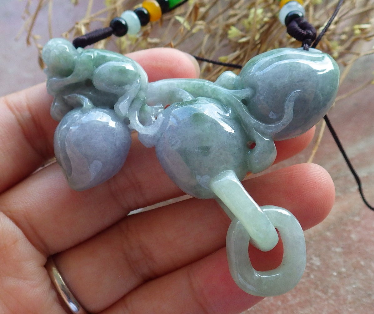 Certified Hand Carved Lavender Green Natural Myanmar Burma A Jade jadeite Monkey Peach Pendant Necklace