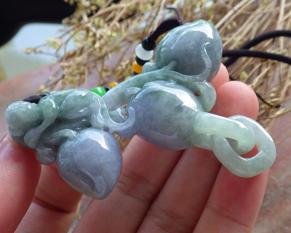 Certified Hand Carved Lavender Green Natural Myanmar Burma A Jade jadeite Monkey Peach Pendant Necklace