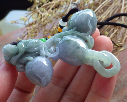 Certified Hand Carved Lavender Green Natural Myanmar Burma A Jade jadeite Monkey Peach Pendant Necklace