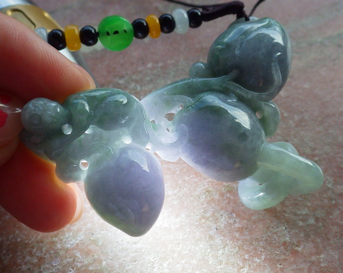 Certified Hand Carved Lavender Green Natural Myanmar Burma A Jade jadeite Monkey Peach Pendant Necklace
