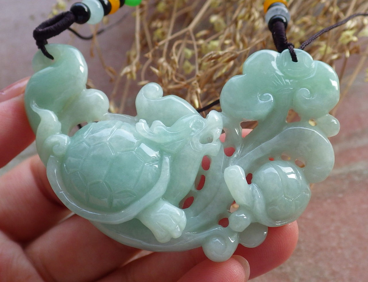 Certified Hand Carved Green Natural Myanmar Burma Grade A Jade Jadeite Dragon Turtle Ruyi Pendant Necklace