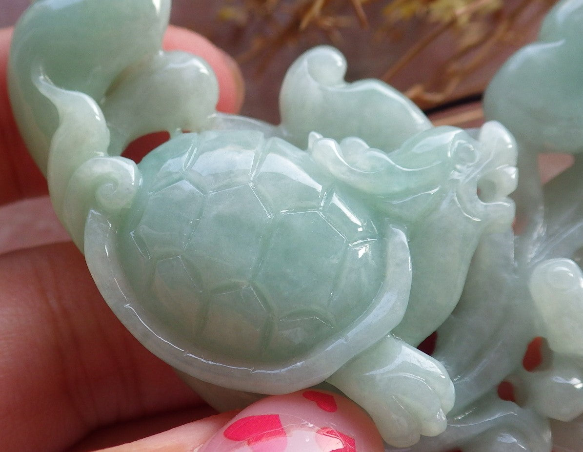 Certified Hand Carved Green Natural Myanmar Burma Grade A Jade Jadeite Dragon Turtle Ruyi Pendant Necklace