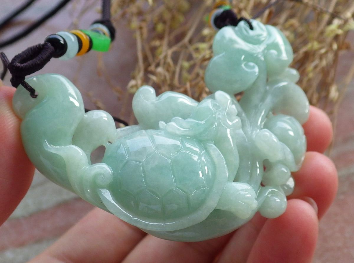Certified Hand Carved Green Natural Myanmar Burma Grade A Jade Jadeite Dragon Turtle Ruyi Pendant Necklace