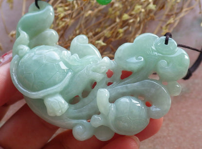 Certified Hand Carved Green Natural Myanmar Burma Grade A Jade Jadeite Dragon Turtle Ruyi Pendant Necklace