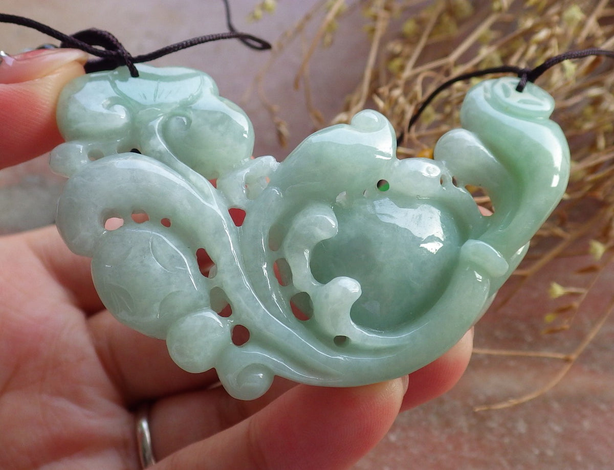 Certified Hand Carved Green Natural Myanmar Burma Grade A Jade Jadeite Dragon Turtle Ruyi Pendant Necklace
