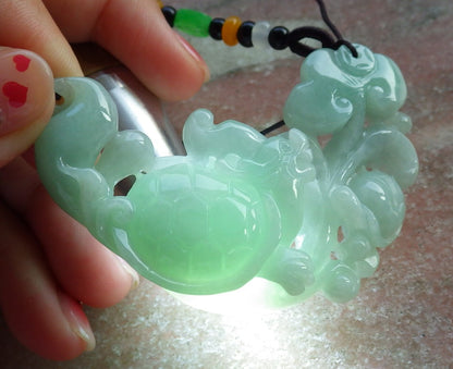 Certified Hand Carved Green Natural Myanmar Burma Grade A Jade Jadeite Dragon Turtle Ruyi Pendant Necklace