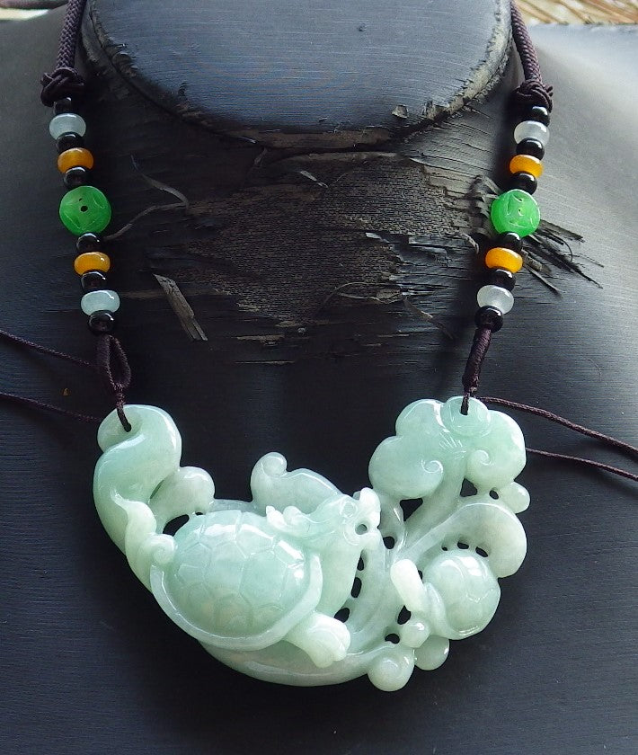 Certified Hand Carved Green Natural Myanmar Burma Grade A Jade Jadeite Dragon Turtle Ruyi Pendant Necklace