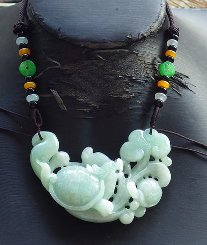 Certified Hand Carved Green Natural Myanmar Burma Grade A Jade Jadeite Dragon Turtle Ruyi Pendant Necklace