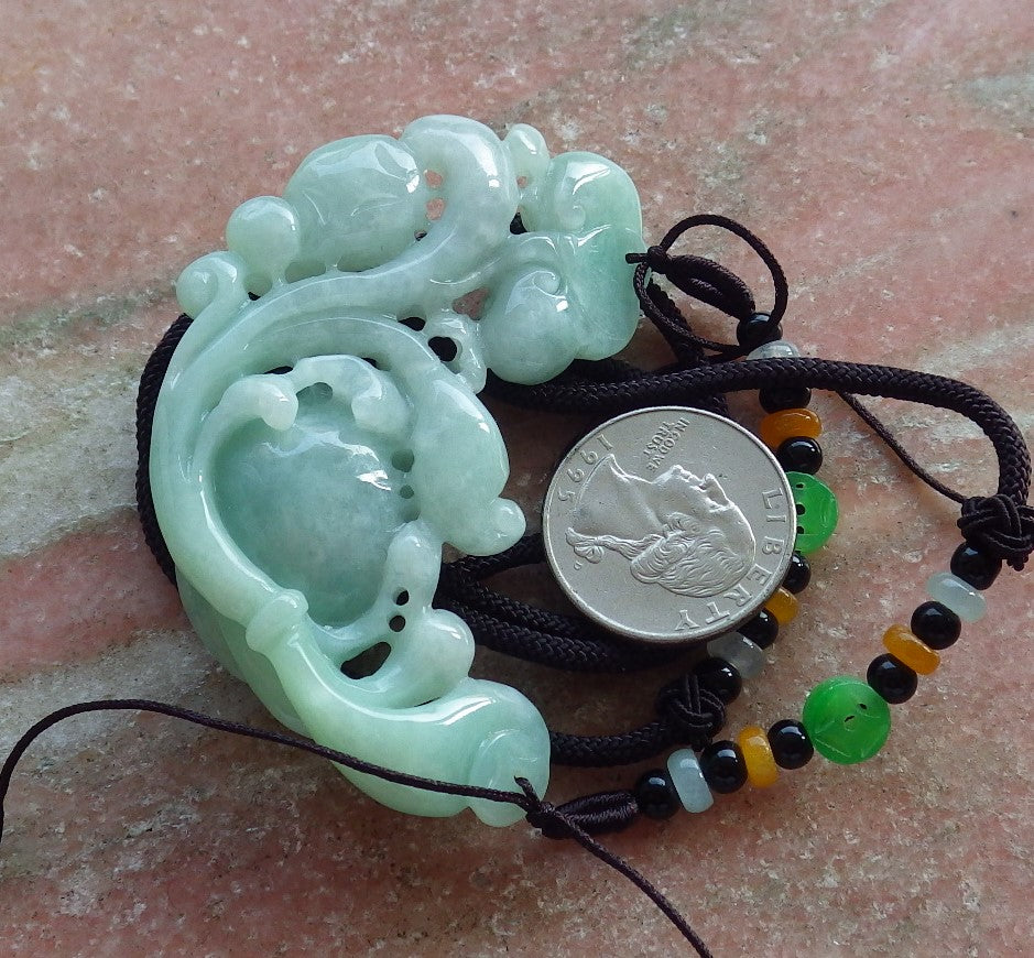 Certified Hand Carved Green Natural Myanmar Burma Grade A Jade Jadeite Dragon Turtle Ruyi Pendant Necklace