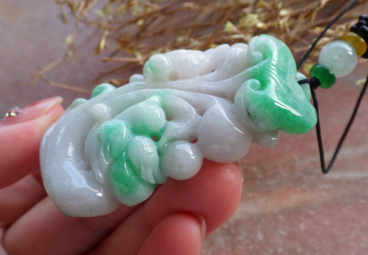 Certified Hand Carved Natural Myanmar Burma Grade A Jade jadeite Phoenix Bird Ruyi Lucky Amulet Pendant Necklace