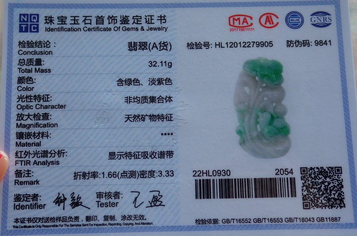 Certified Hand Carved Natural Myanmar Burma Grade A Jade jadeite Phoenix Bird Ruyi Lucky Amulet Pendant Necklace