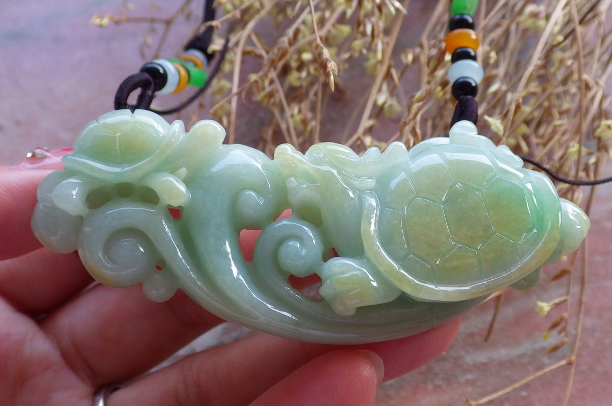 Certified Hand Carved Natural Myanmar Burma Grade A Jade jadeite Dragon Turtle Lucky Amulet Pendant Necklace