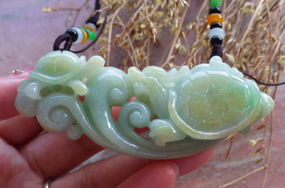 Certified Hand Carved Natural Myanmar Burma Grade A Jade jadeite Dragon Turtle Lucky Amulet Pendant Necklace