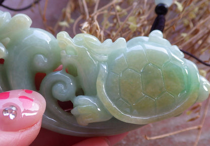Certified Hand Carved Natural Myanmar Burma Grade A Jade jadeite Dragon Turtle Lucky Amulet Pendant Necklace