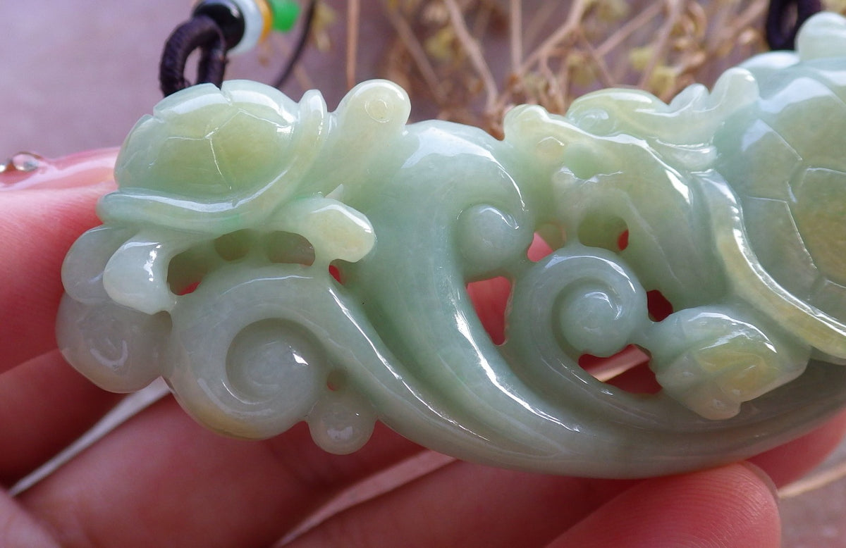 Certified Hand Carved Natural Myanmar Burma Grade A Jade jadeite Dragon Turtle Lucky Amulet Pendant Necklace