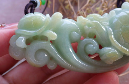 Certified Hand Carved Natural Myanmar Burma Grade A Jade jadeite Dragon Turtle Lucky Amulet Pendant Necklace