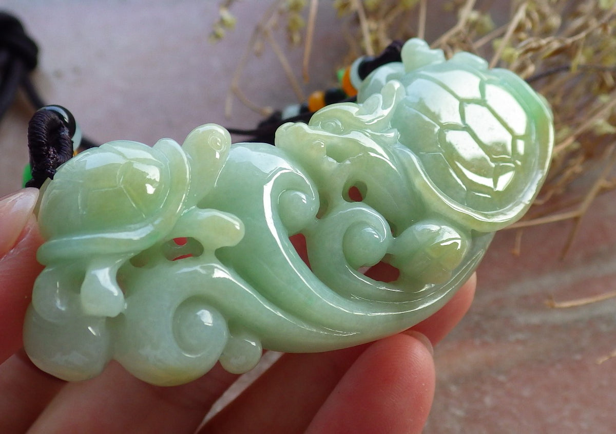 Certified Hand Carved Natural Myanmar Burma Grade A Jade jadeite Dragon Turtle Lucky Amulet Pendant Necklace