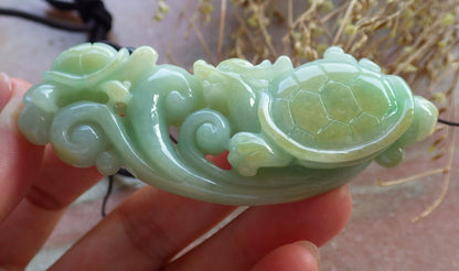Certified Hand Carved Natural Myanmar Burma Grade A Jade jadeite Dragon Turtle Lucky Amulet Pendant Necklace