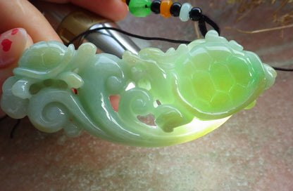 Certified Hand Carved Natural Myanmar Burma Grade A Jade jadeite Dragon Turtle Lucky Amulet Pendant Necklace