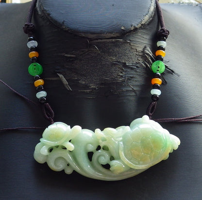 Certified Hand Carved Natural Myanmar Burma Grade A Jade jadeite Dragon Turtle Lucky Amulet Pendant Necklace