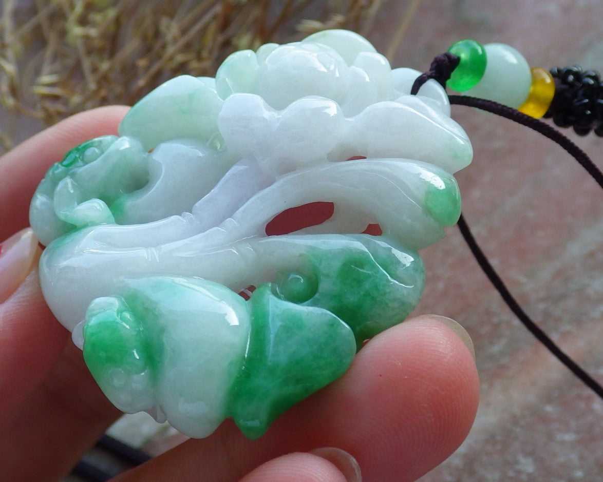 Certified Hand Carved Natural Myanmar Burma A Jade jadeite Frog Toad Lotus Flower Lucky Amulet Pendant Necklace