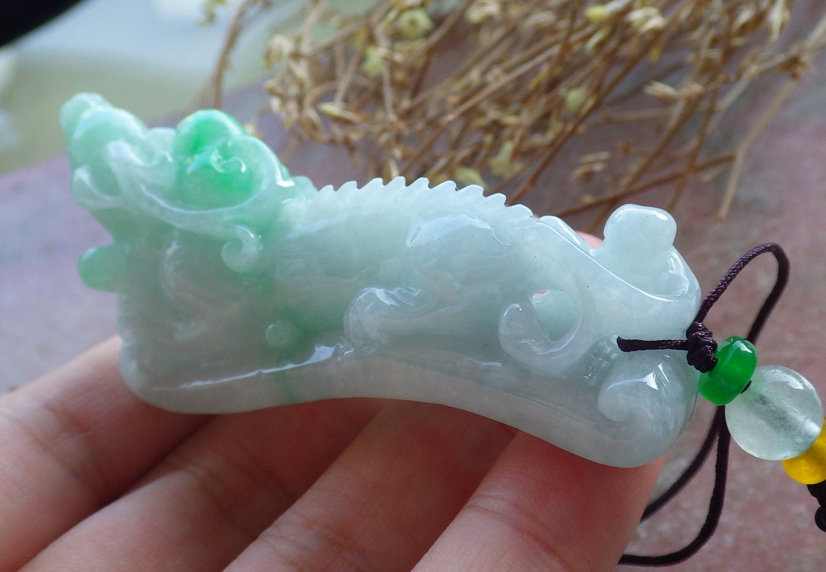 Certified Hand Carved Natural Myanmar Burma A Jade jadeite Dragon Pi Xiu Ruyi Lucky Amulet Pendant Necklace