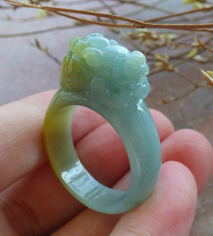 US 11.25 Certified Hand Carved Green Yellow Natural Grade A JADE Jadeite Dragon Pi Xiu Ring