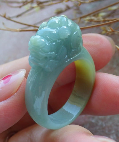 US 11.25 Certified Hand Carved Green Yellow Natural Grade A JADE Jadeite Dragon Pi Xiu Ring
