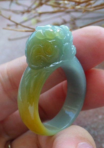 US 11.25 Certified Hand Carved Green Yellow Natural Grade A JADE Jadeite Dragon Pi Xiu Ring