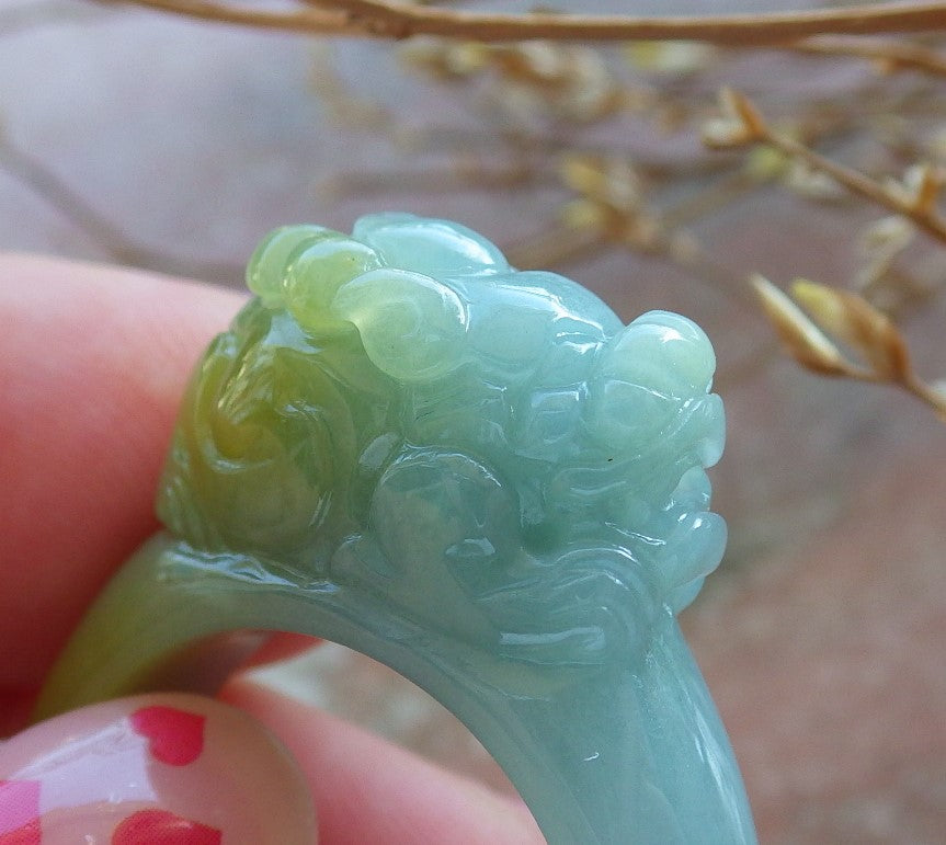 US 11.25 Certified Hand Carved Green Yellow Natural Grade A JADE Jadeite Dragon Pi Xiu Ring