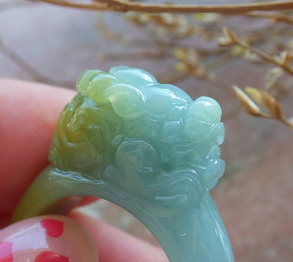 US 11.25 Certified Hand Carved Green Yellow Natural Grade A JADE Jadeite Dragon Pi Xiu Ring