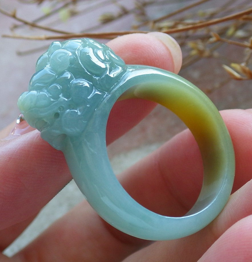 US 11.25 Certified Hand Carved Green Yellow Natural Grade A JADE Jadeite Dragon Pi Xiu Ring