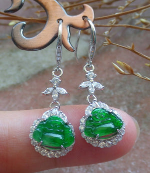 Certified Sterling Silver 925 Icy Green Natural Hand Carved Grade A Jade Jadeite Buddha Dangle Earring Earrings