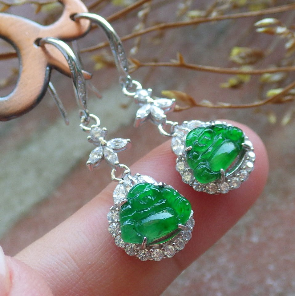 Certified Sterling Silver 925 Icy Green Natural Hand Carved Grade A Jade Jadeite Buddha Dangle Earring Earrings