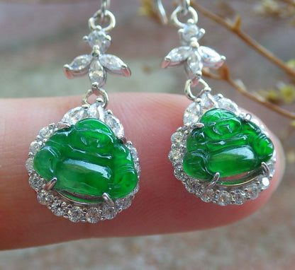 Certified Sterling Silver 925 Icy Green Natural Hand Carved Grade A Jade Jadeite Buddha Dangle Earring Earrings